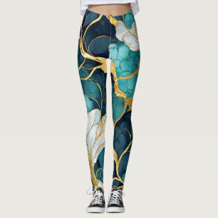 Leggings Fleur Japonaise Bleu Sarcelle Or