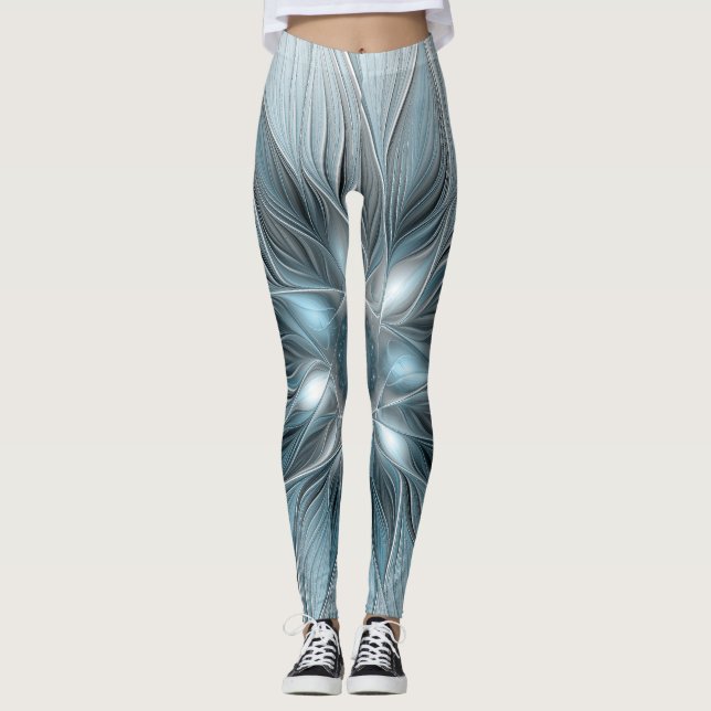 Leggings Fleur Joyeuse Abstrait gris bleu floral Fractal (Devant)