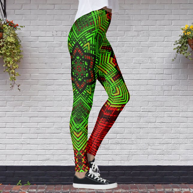 Leggings Fleur Mandala de tissage rouge et vert (Créateur téléchargé)