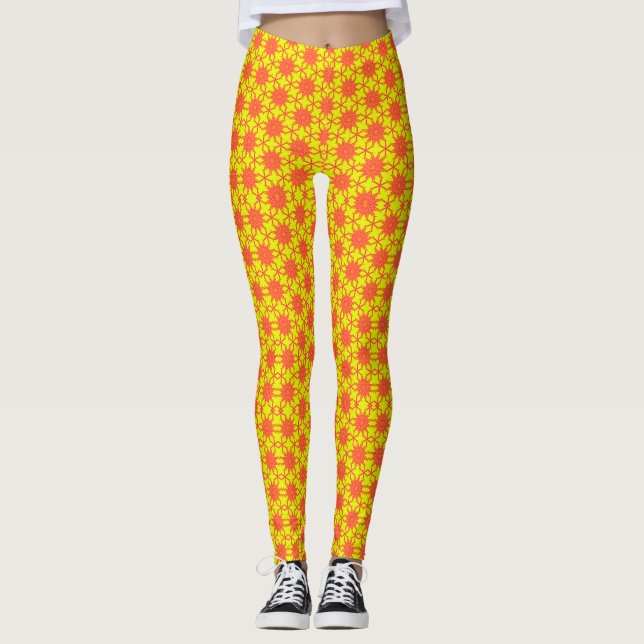 Leggings Fleur orange Starburst sur Jaune (Devant)