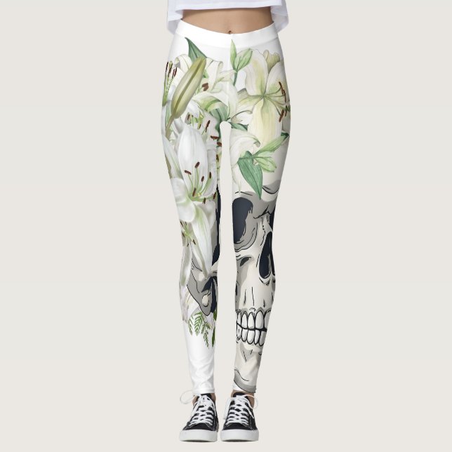 Leggings Fleur silencieuse : Crâne et Lys blancs (Devant)