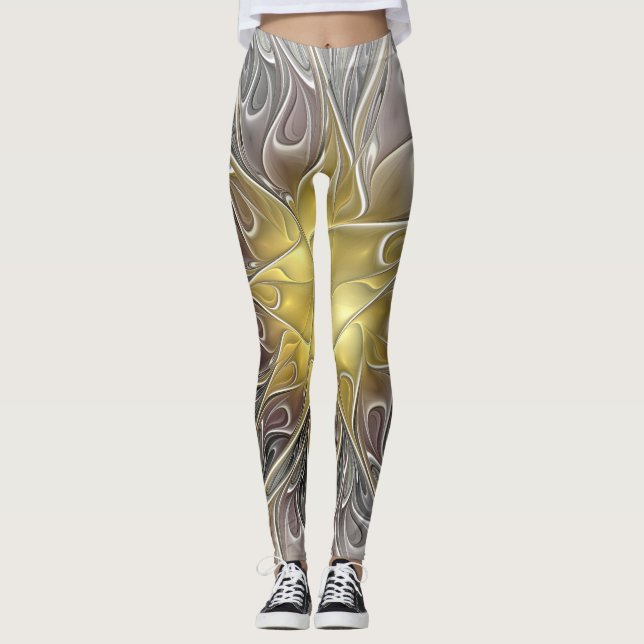 Leggings Fleurir Avec Or Moderne Fleur Abstraite Fractale (Devant)