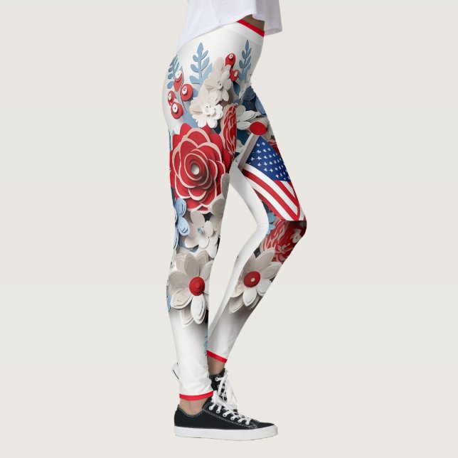 Leggings Fleurs 3D Bleues Rouges Blancs Patriotique (Droite)