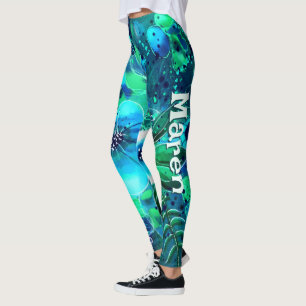 Leggings Fleurs Abstraites Bleu Turquoise Vert Personnalisé