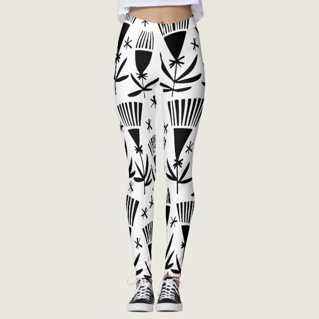 Leggings Fleurs Abstraites en noir blanc : Motif élégant (Devant)