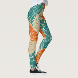 Leggings Fleurs abstraites sarcelle, orange et beige