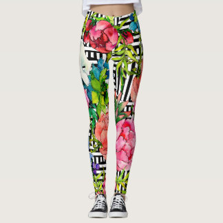 Leggings Fleurs aquarelles Motif blanc noir géométrique