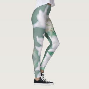 Leggings Fleurs blanches vert pastel pâle en cloche
