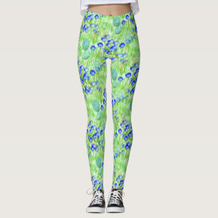 Leggings Fleurs Bleues Et Grass Motif D'Art Naturel