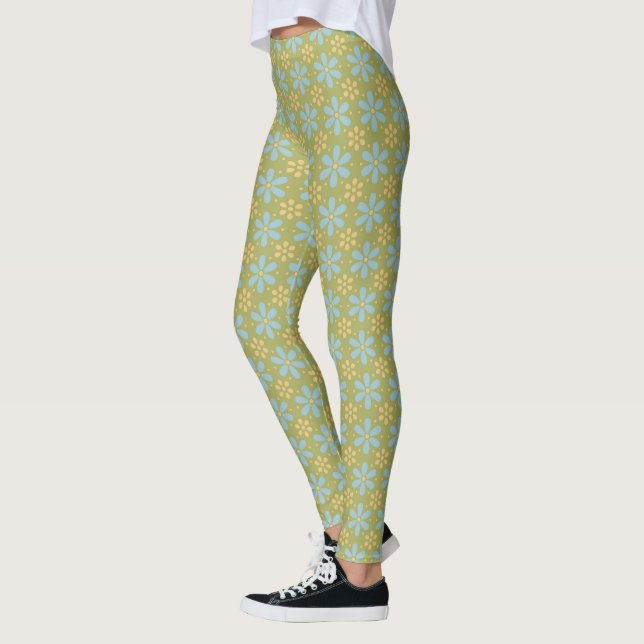 Leggings Fleurs bleues et jaunes Abstraites rétro sur vert (Gauche)