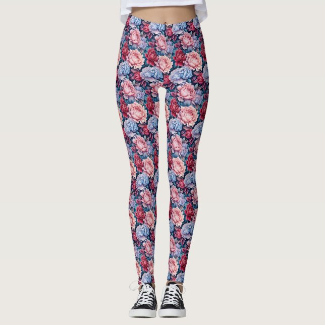 Leggings Fleurs bleues et roses (Devant)