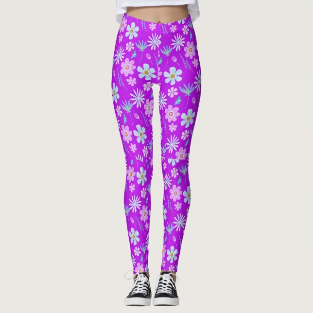 Leggings Fleurs bleues et violettes rétro 1970 (Devant)