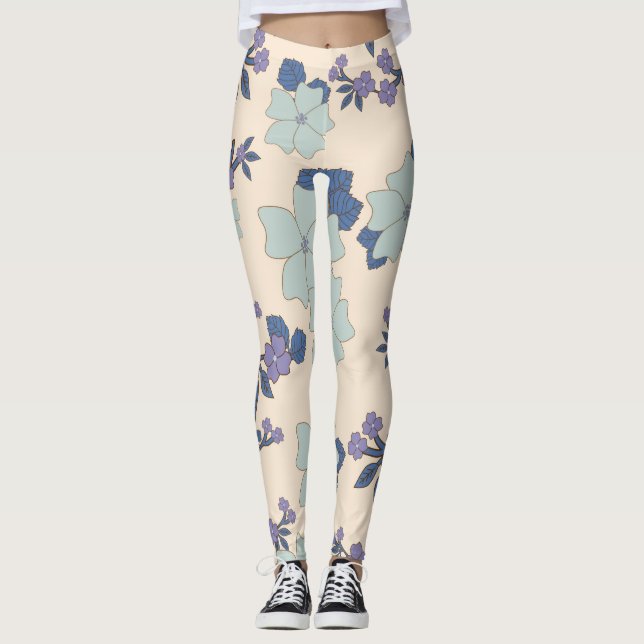 Leggings Fleurs Bleues, Fleurs Violettes, Motif Floral (Devant)
