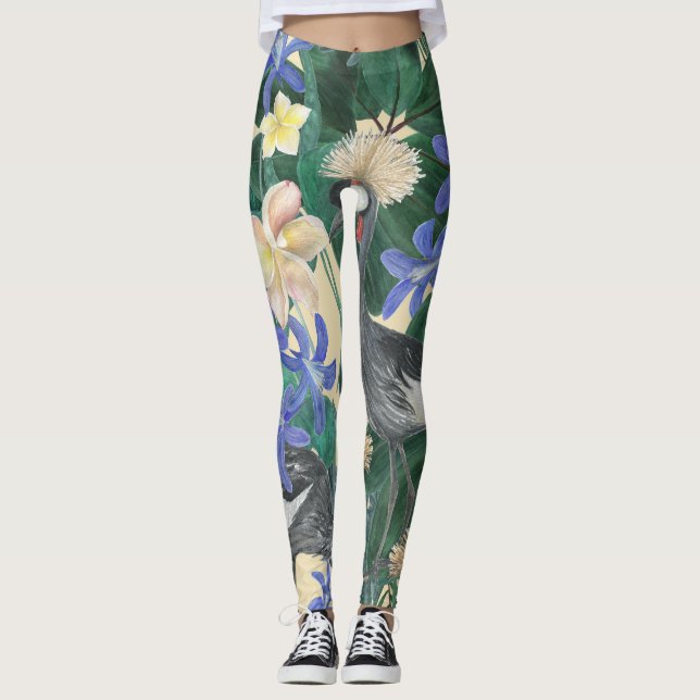 Leggings Fleurs Bleues Plumeria, Aquarelle Sans Couleur. (Devant)