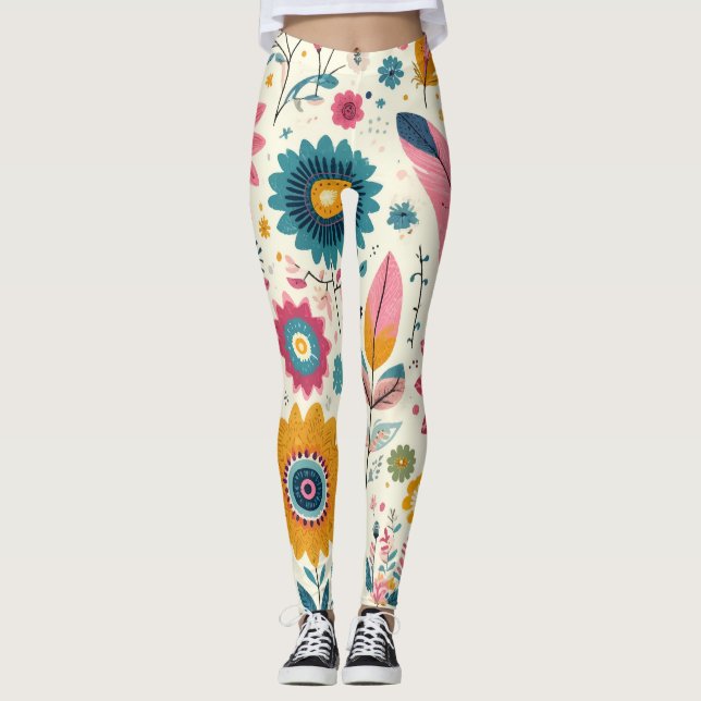 Leggings Fleurs Bohémiennes mignonnes Plumes Imprimer (Devant)