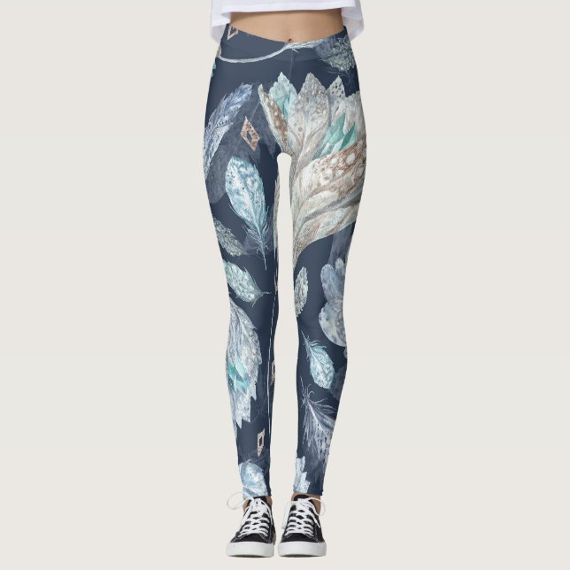 Leggings Fleurs Boho Chic : Aquarelle bleu foncé P (Devant)