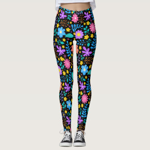 Leggings Fleurs colorées dans les étoiles scintillantes mot