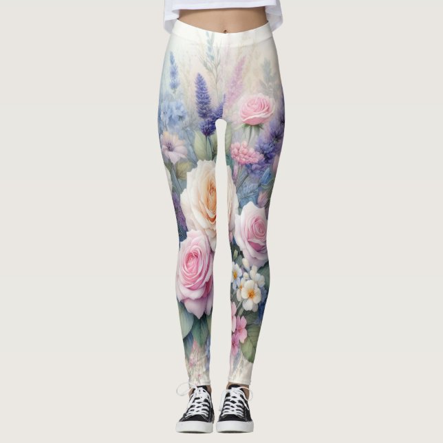 Leggings Fleurs d'aquarelle aux couleurs pastel douces (Devant)