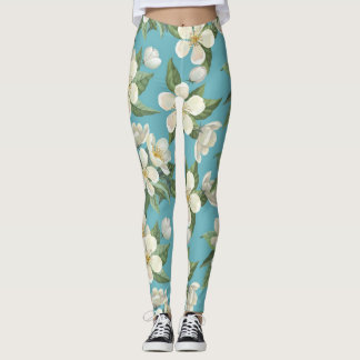 Leggings Fleurs d'aquarelle blanche Feuilles verts