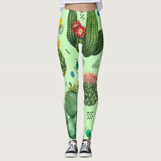 Leggings Fleurs de cactus : Aquarelle Arrière - plan géomét (Devant)