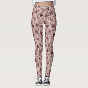 Leggings Fleurs de coeurs rouges de Bourgogne à la crème