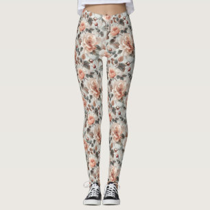 Leggings Fleurs de crème avec feuilles gris sur un gris cla