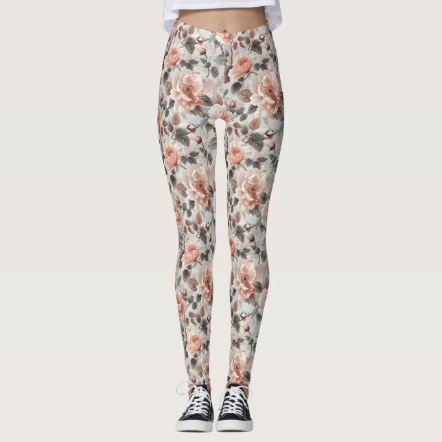 Leggings Fleurs de crème avec feuilles gris sur un gris cla (Devant)