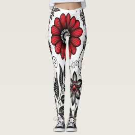 Leggings Fleurs de gribouillis et feuilles en rouge et noir