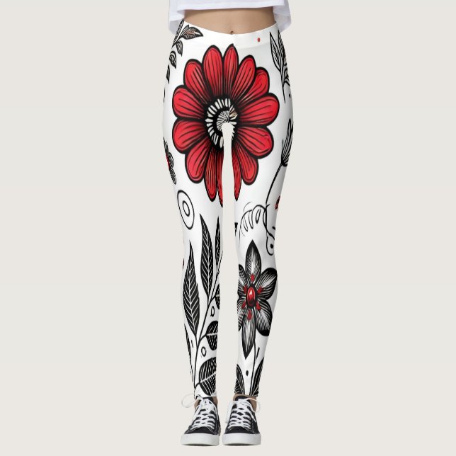 Leggings Fleurs de gribouillis et feuilles en rouge et noir (Devant)