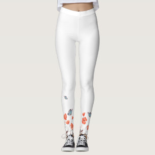 Leggings Fleurs de pavot orange et papillons bleus Jardin