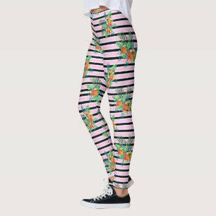 Leggings Fleurs de rayures noires et roses