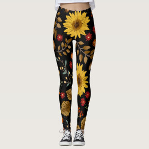 Leggings Fleurs de soleil d'automne : Arrière - plan noir d