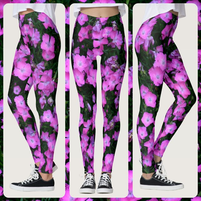 Leggings Fleurs Dianthus rose vif et vert floral (Créateur téléchargé)