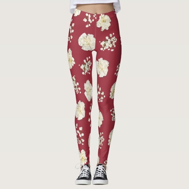 Leggings Fleurs d'oeillet blanches sur motif rouge (Devant)