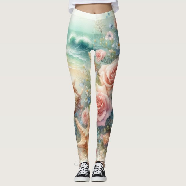 Leggings Fleurs et coquillages aquarelle dans les couleurs  (Devant)