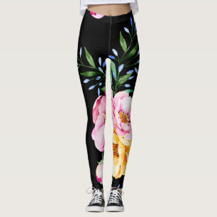 Leggings Fleurs & Feuilles Conception Sur Noir