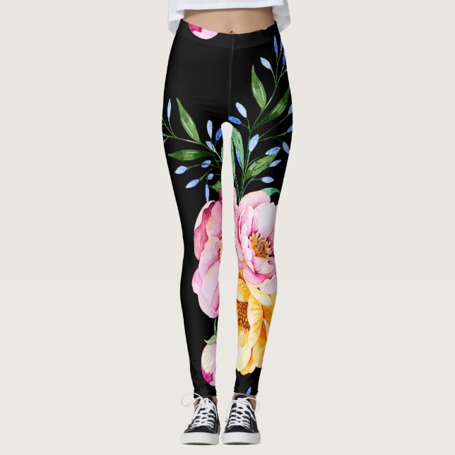 Leggings Fleurs & Feuilles Conception Sur Noir (Devant)
