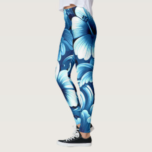 Leggings Fleurs hawaïennes tropicales Hibiscus Bleu Blanc