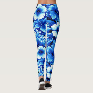 Leggings Fleurs hawaïennes tropicales Hibiscus Cobalt Bleu