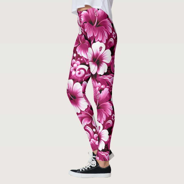 Leggings Fleurs hawaïennes tropicales Hibiscus rose blanc (Gauche)