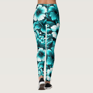 Leggings Fleurs hawaïennes tropicales Hibiscus Turquoise bl