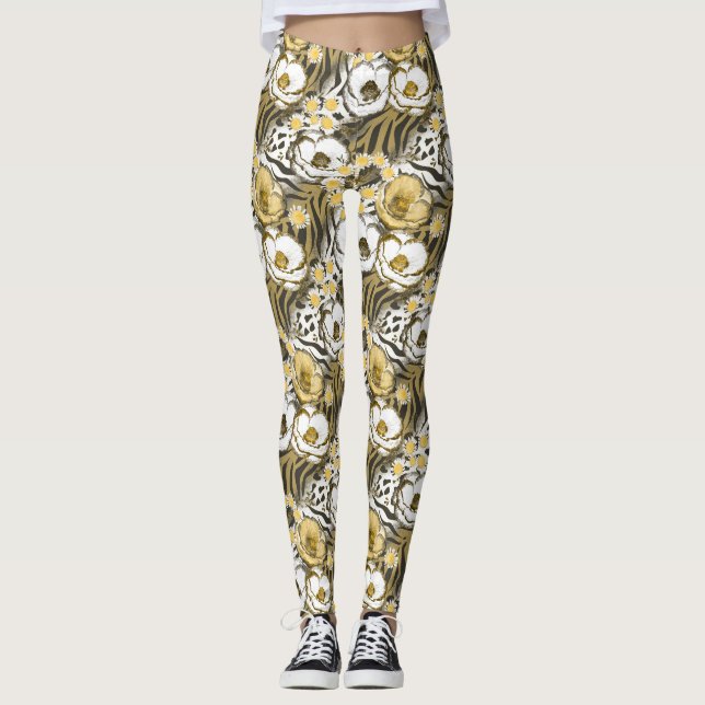 Leggings Fleurs jaunes, blanches sur un arrière - plan de t (Devant)