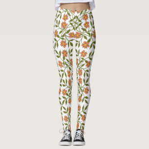 Leggings Fleurs orange, Motif Floral, Verdure, Boho
