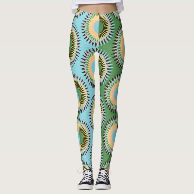 Leggings Fleurs pliées : motif rétro bleu-vert. (Devant)