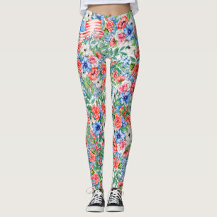 Leggings Fleurs rouges blanches et bleues Patriotique 4 jui