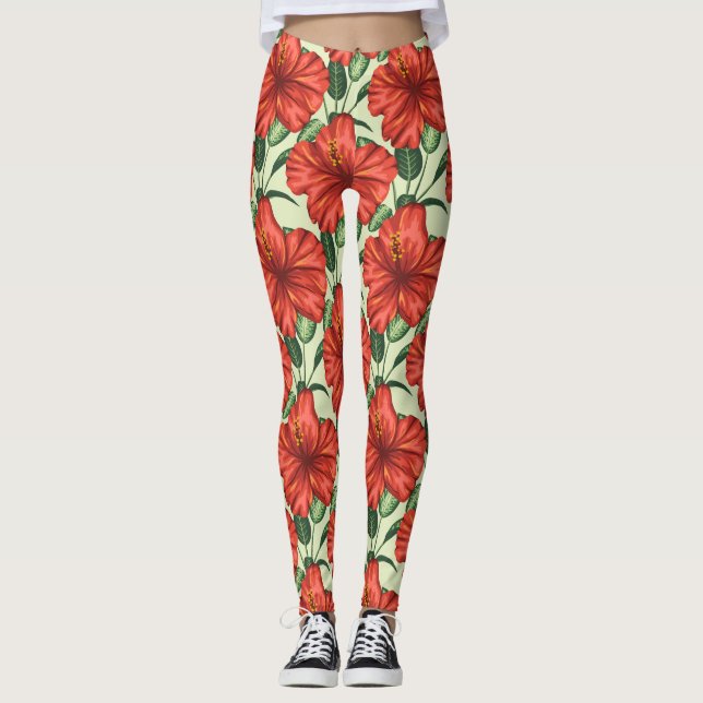 Leggings Fleurs rouges motifs à fleurs tropicales (Devant)