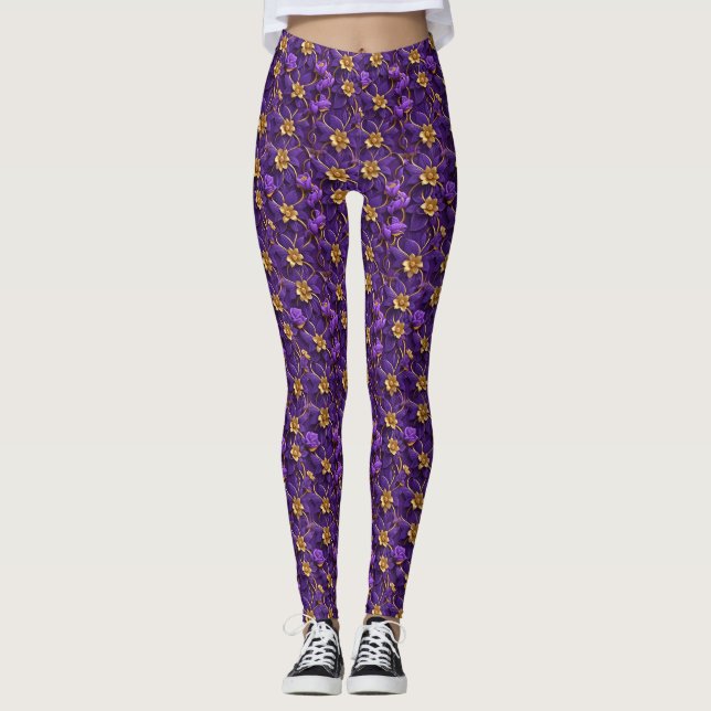Leggings Fleurs royales violettes entrelacées d'or (Devant)