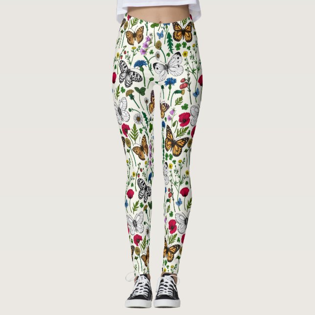 Leggings Fleurs sauvages et papillons sur blanc (Devant)