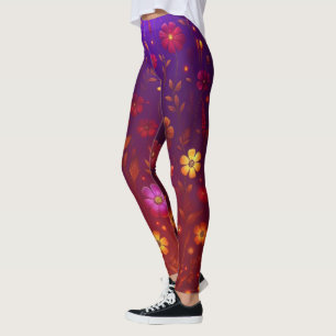 Leggings Fleurs sauvages radieux : Orange brillant et pourp