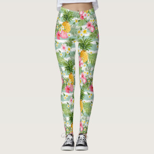 Leggings Fleurs tropicales et ananas sur les bandes Turquoi